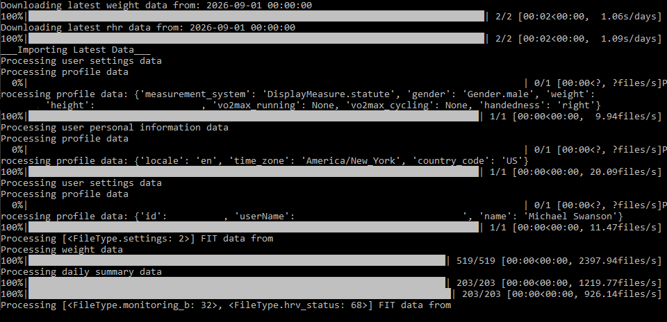 The Python sync job pulling weight, RHR, profile and FIT data from Garmin Connect into the local cache