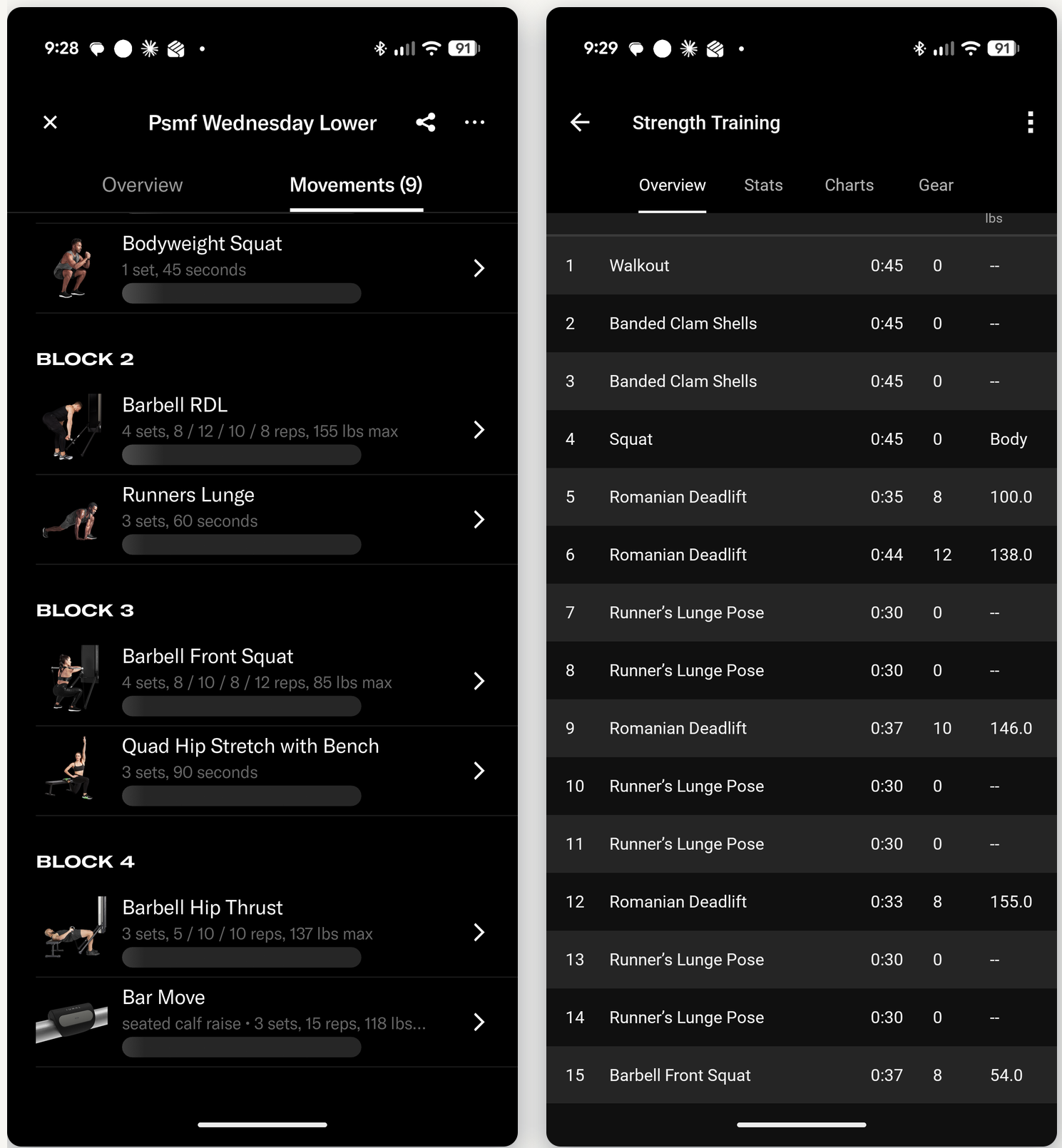 Tonal's Wednesday lower session next to the same workout's set-by-set detail inside Garmin Connect